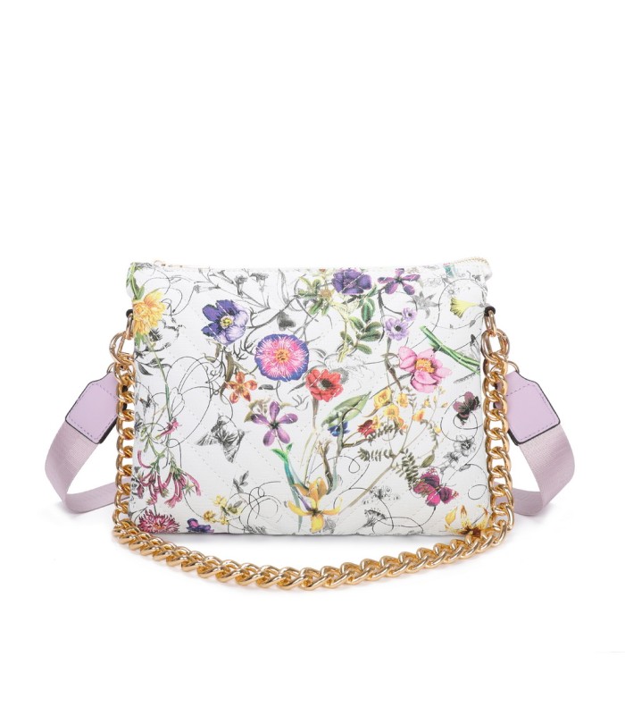 T11434 - Bolso con flores y cadena dorada y bandolera ajustable