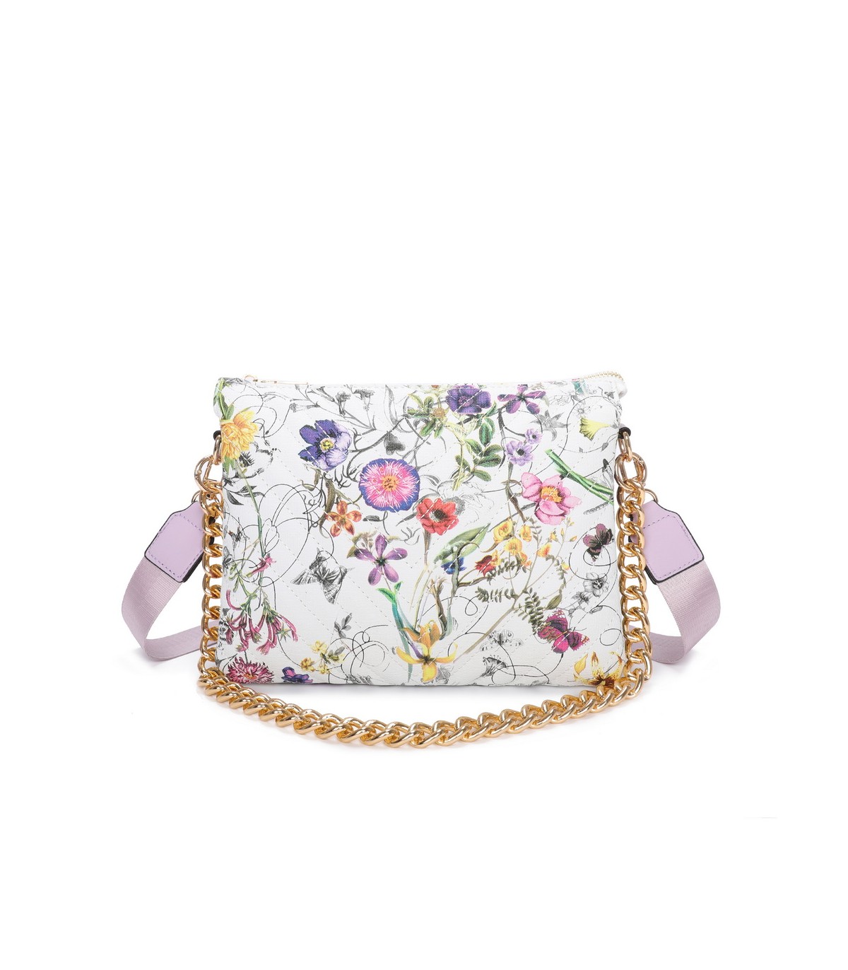 T11434 - Bolso con flores y cadena dorada y bandolera ajustable
