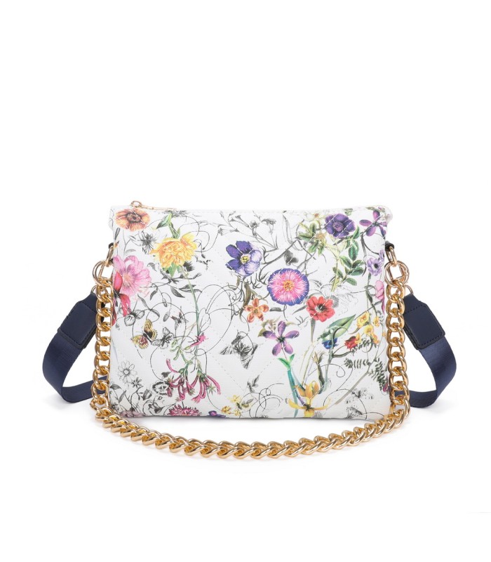 T11434 - Bolso con flores y cadena dorada y bandolera ajustable