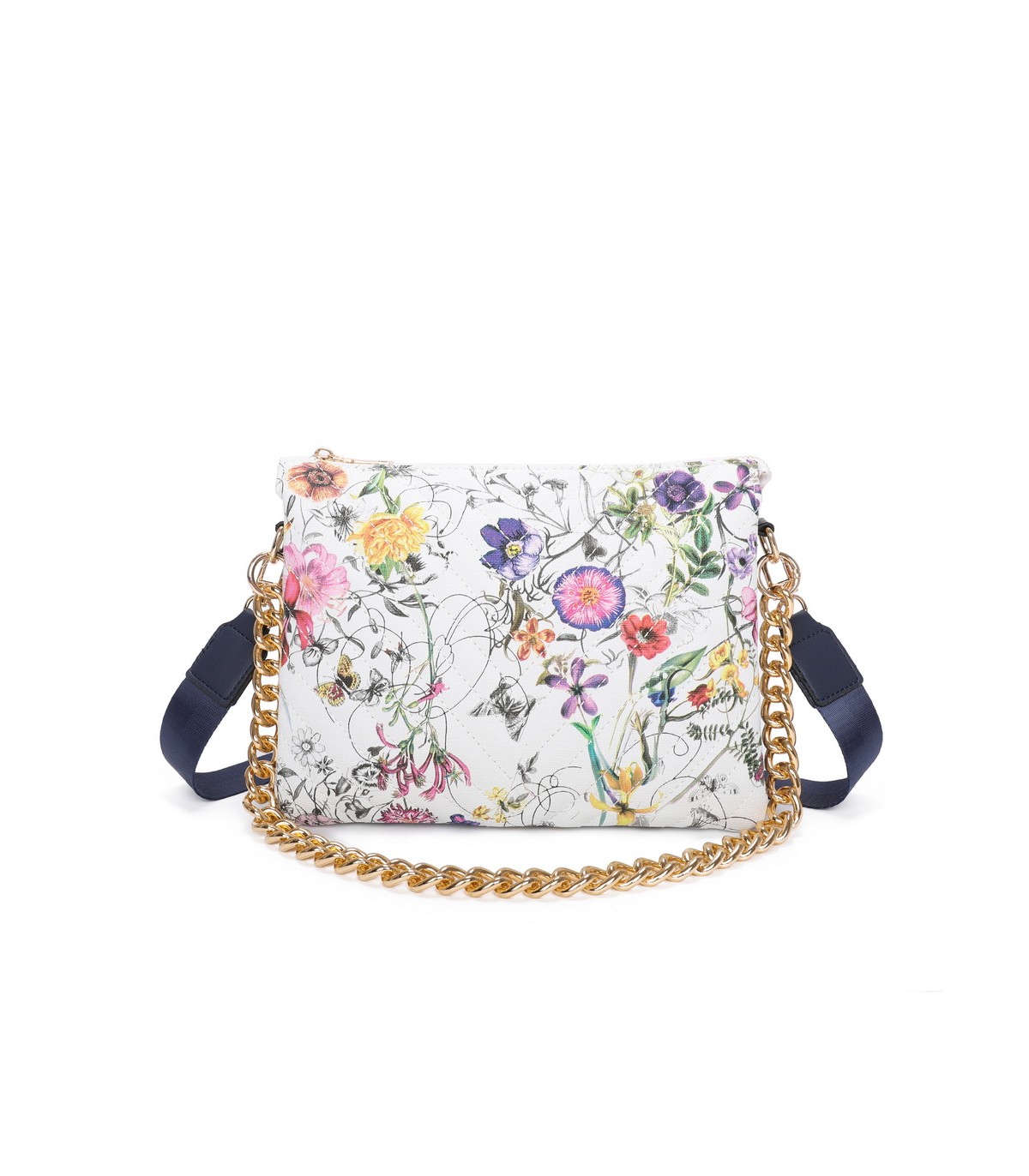 T11434 - Bolso con flores y cadena dorada y bandolera ajustable