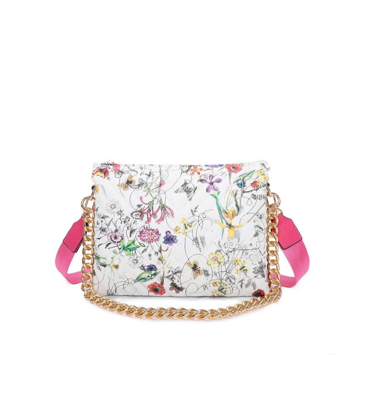 T11434 - Bolso con flores y cadena dorada y bandolera ajustable