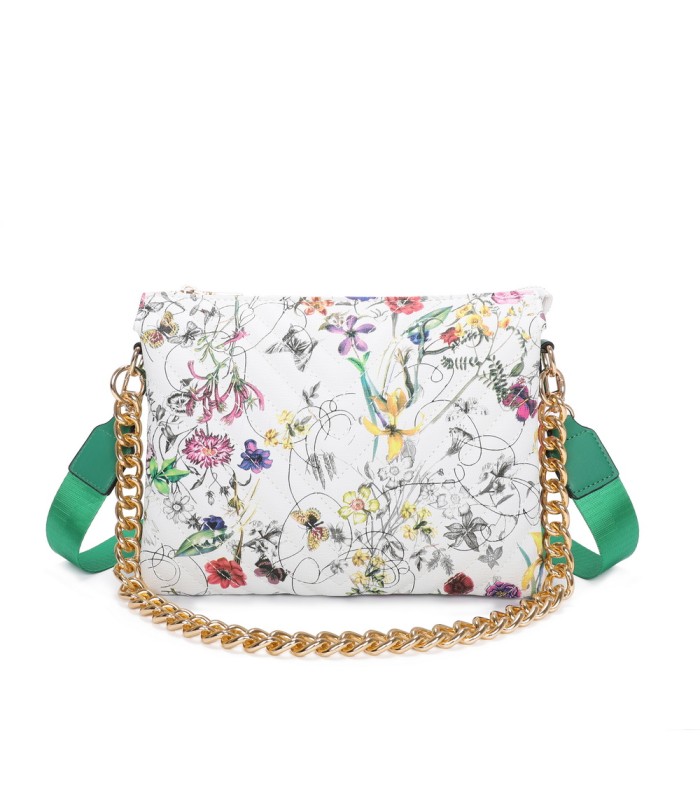 T11434 - Bolso con flores y cadena dorada y bandolera ajustable