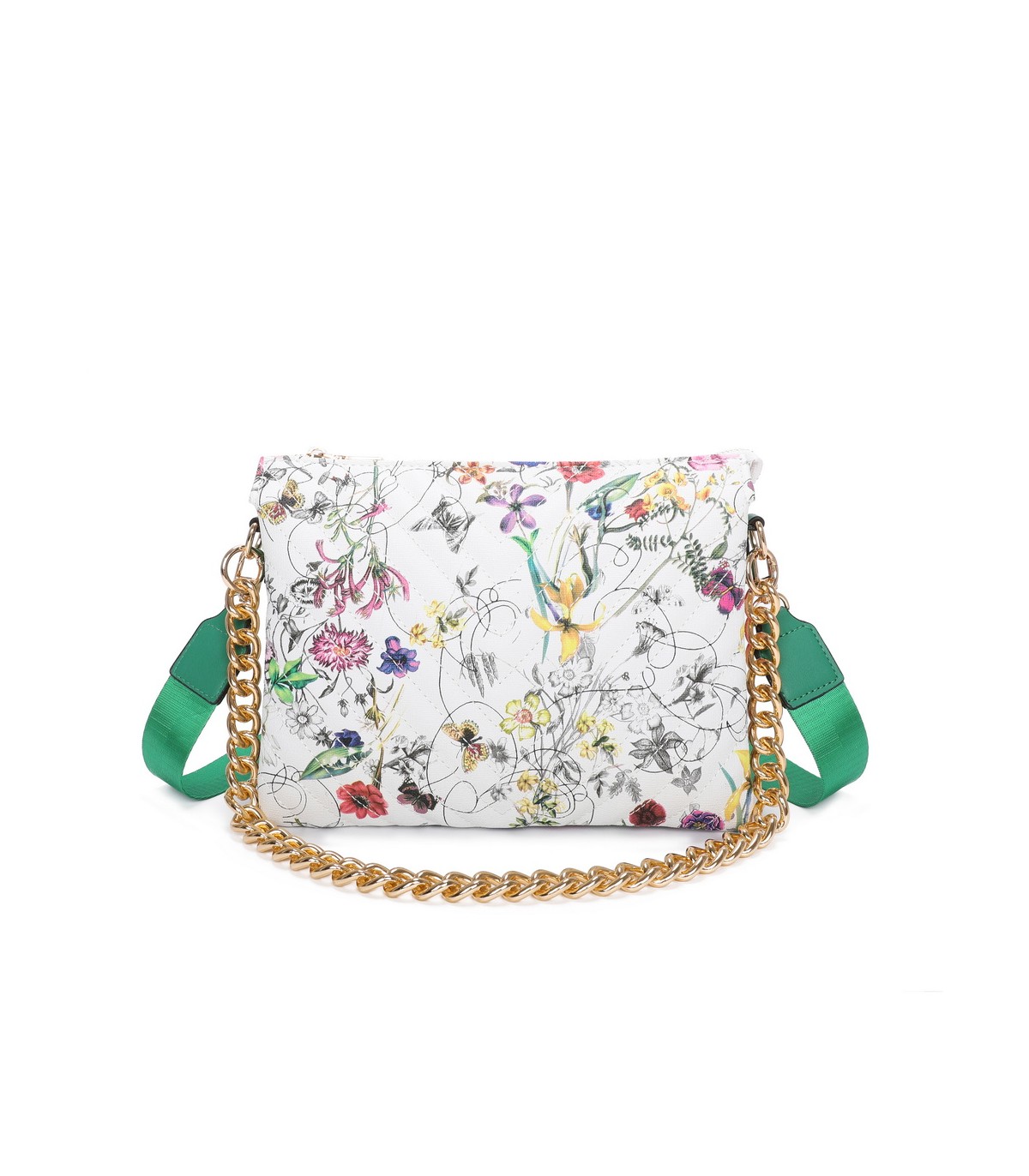 T11434 - Bolso con flores y cadena dorada y bandolera ajustable