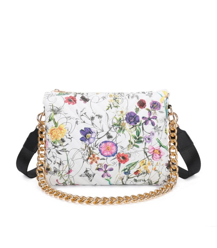 T11434 - Bolso con flores y cadena dorada y bandolera ajustable