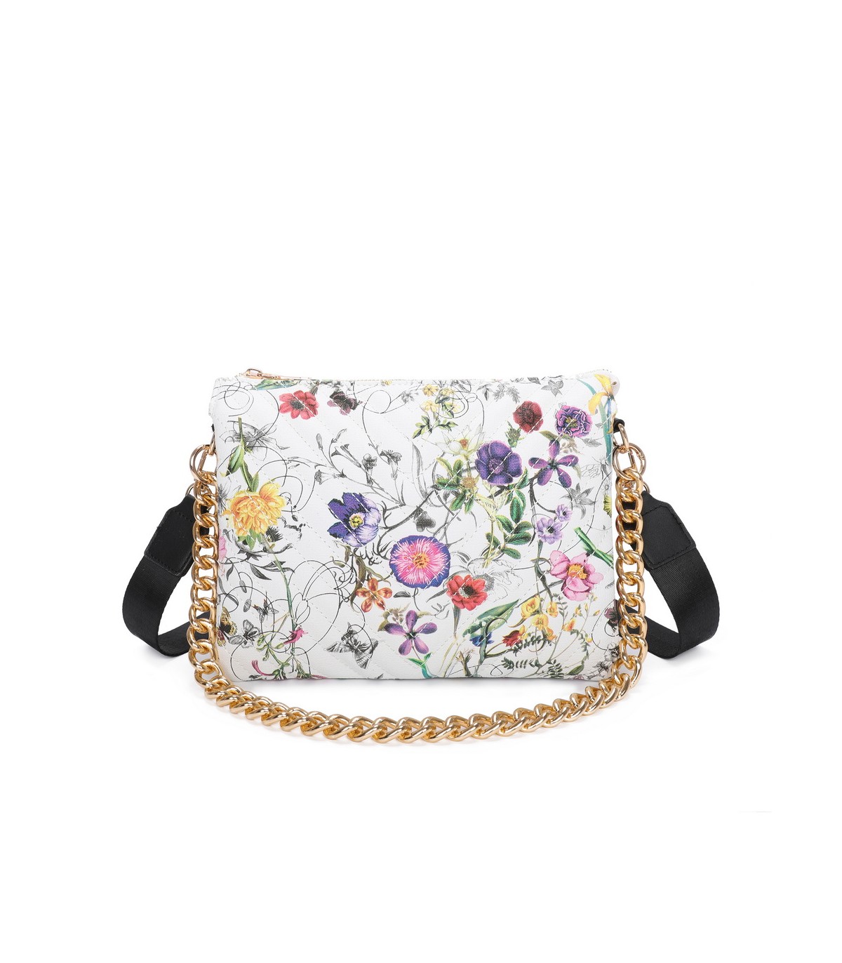 T11434 - Bolso con flores y cadena dorada y bandolera ajustable