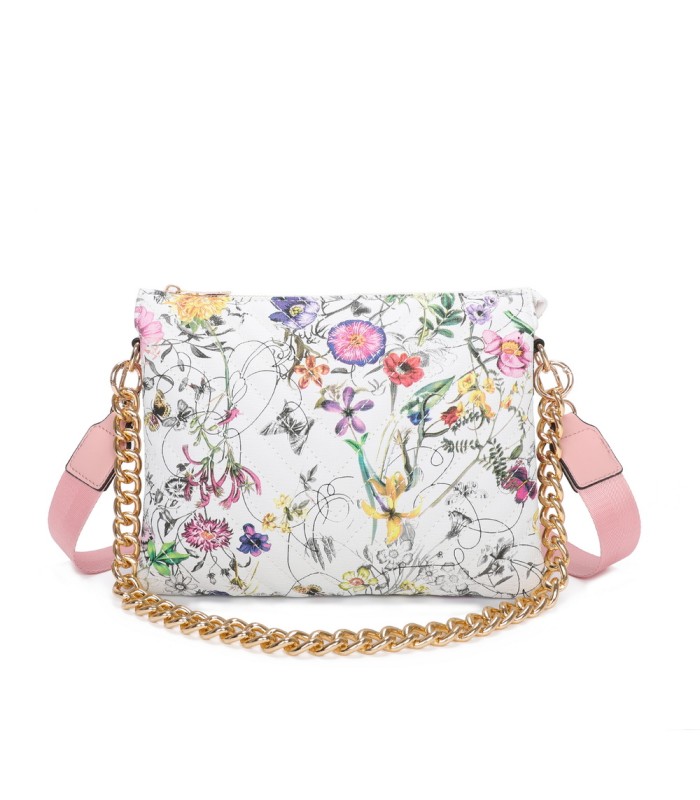 T11434 - Bolso con flores y cadena dorada y bandolera ajustable