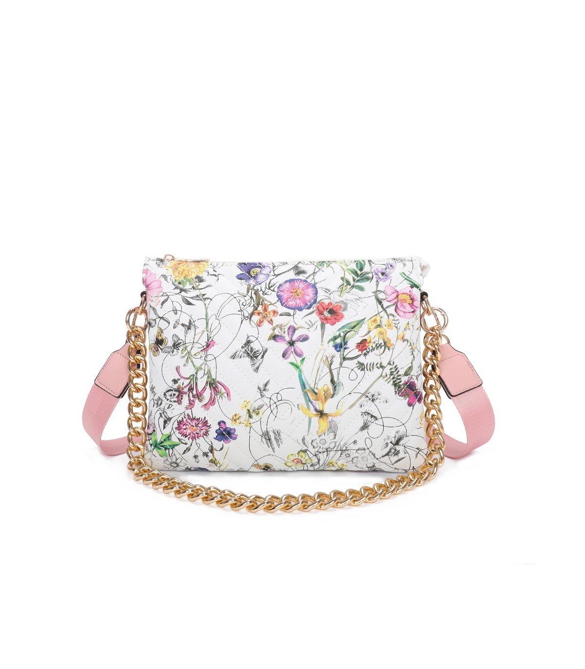 T11434 - Bolso con flores y cadena dorada y bandolera ajustable