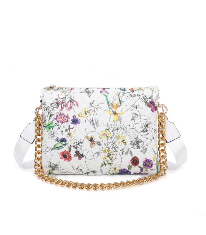 T11434 - Bolso con flores y cadena dorada y bandolera ajustable