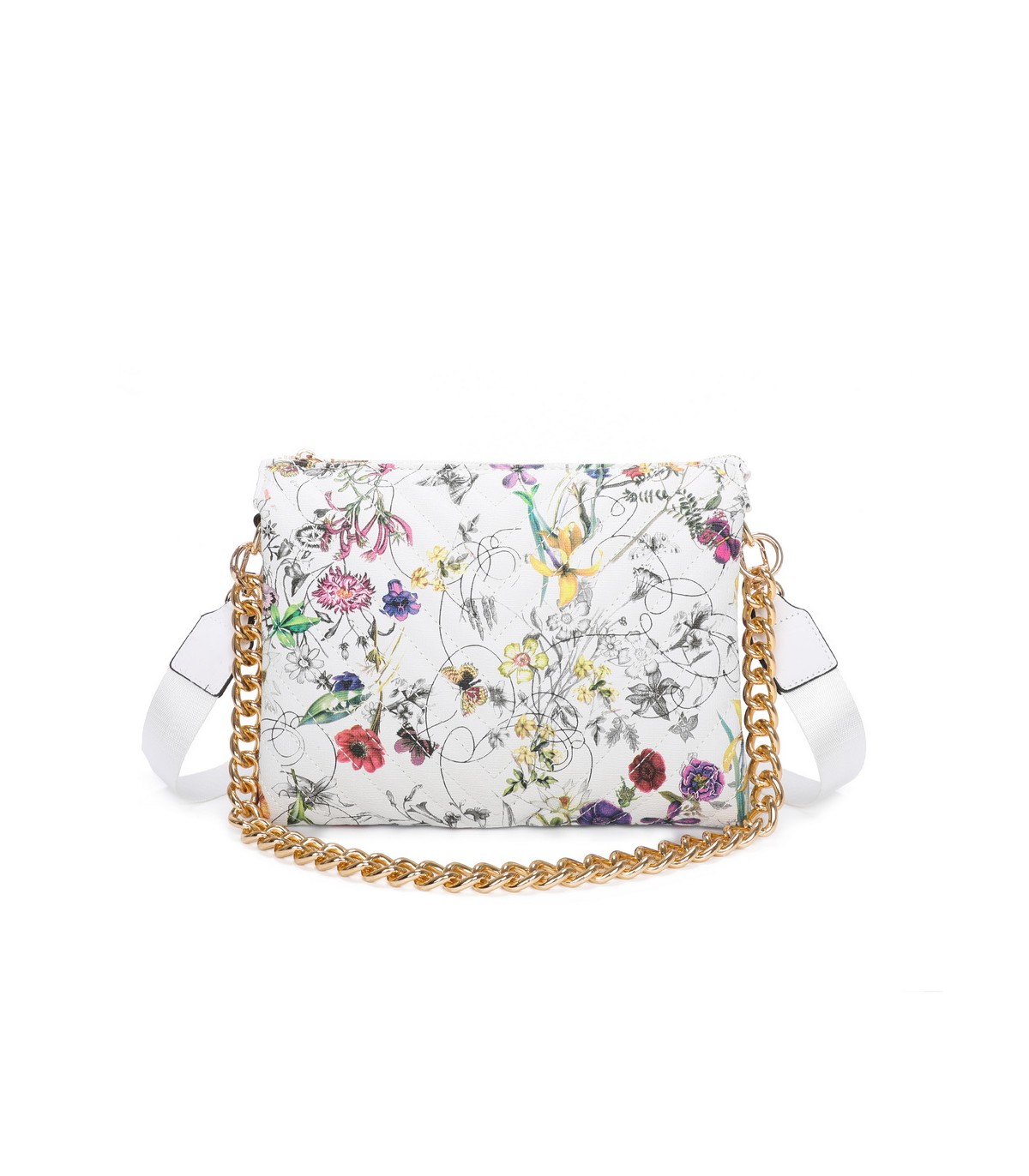 T11434 - Bolso con flores y cadena dorada y bandolera ajustable