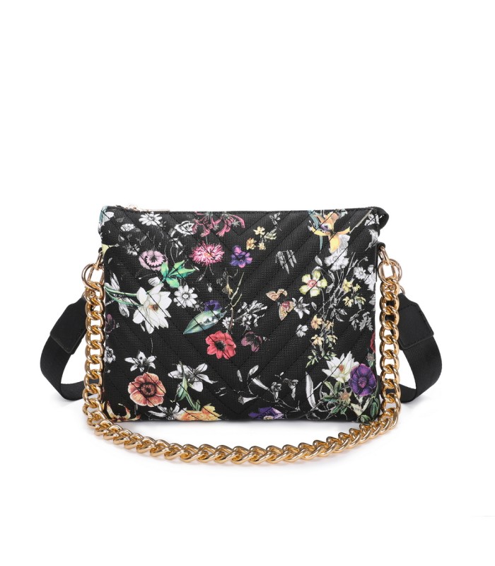 T11434 - Bolso con flores y cadena dorada y bandolera ajustable