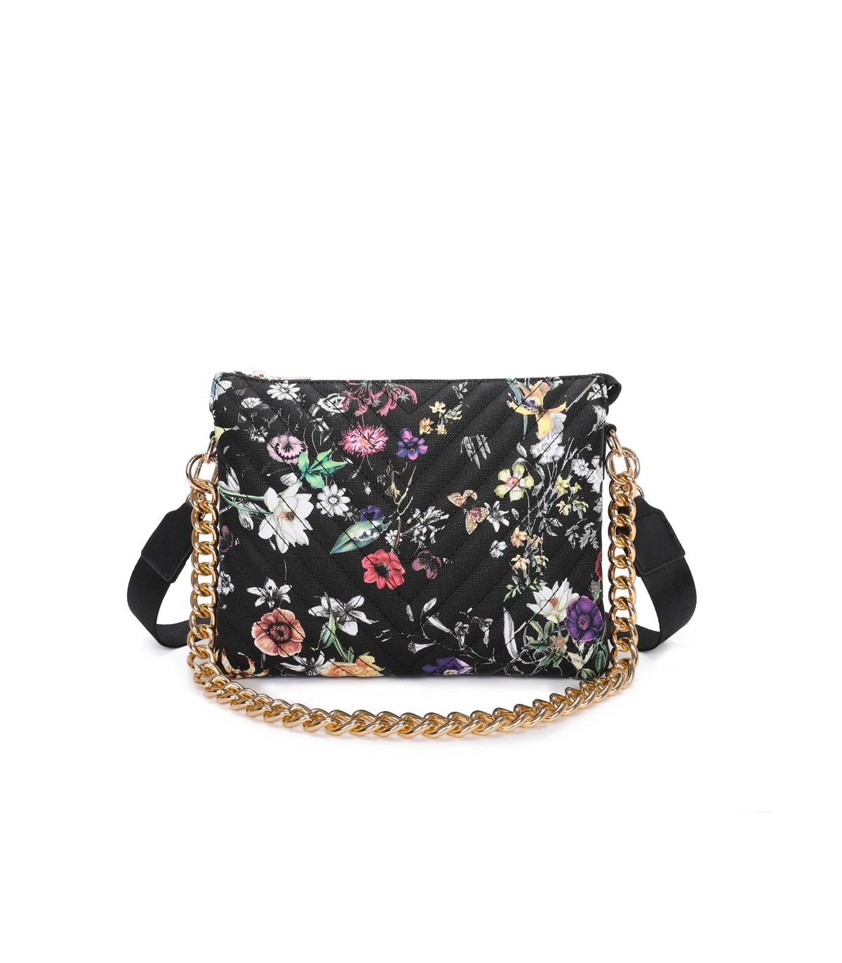 T11434 - Bolso con flores y cadena dorada y bandolera ajustable
