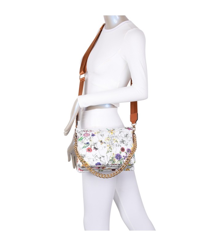 T11434 - Bolso con flores y cadena dorada y bandolera ajustable