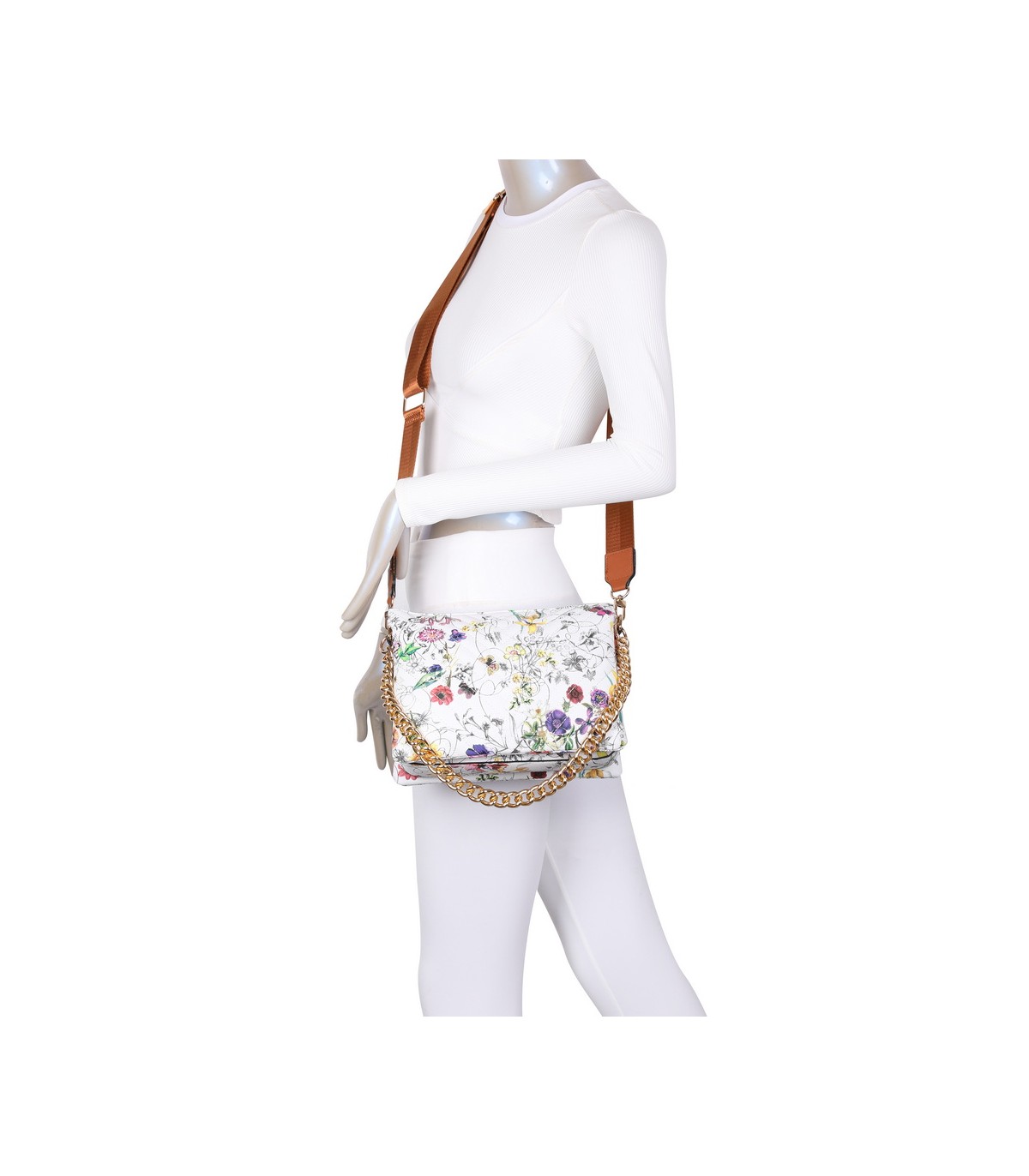 T11434 - Bolso con flores y cadena dorada y bandolera ajustable