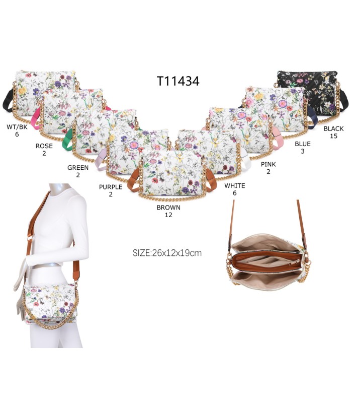 T11434 - Bolso con flores y cadena dorada y bandolera ajustable