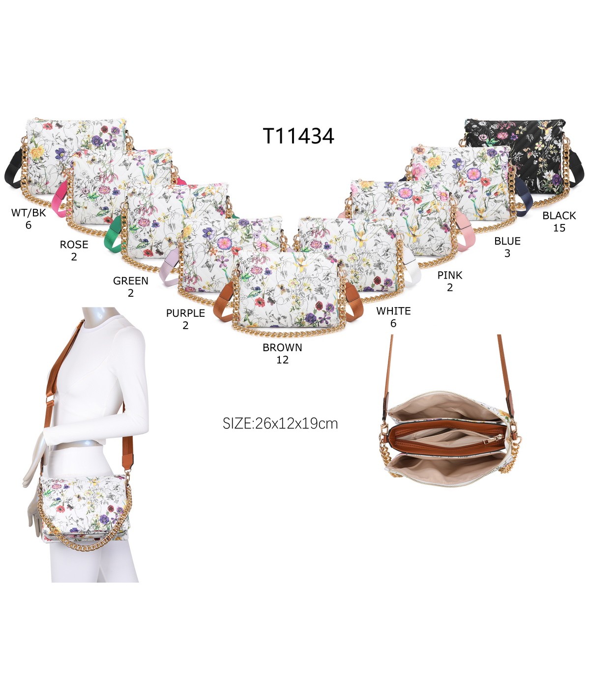 T11434 - Bolso con flores y cadena dorada y bandolera ajustable