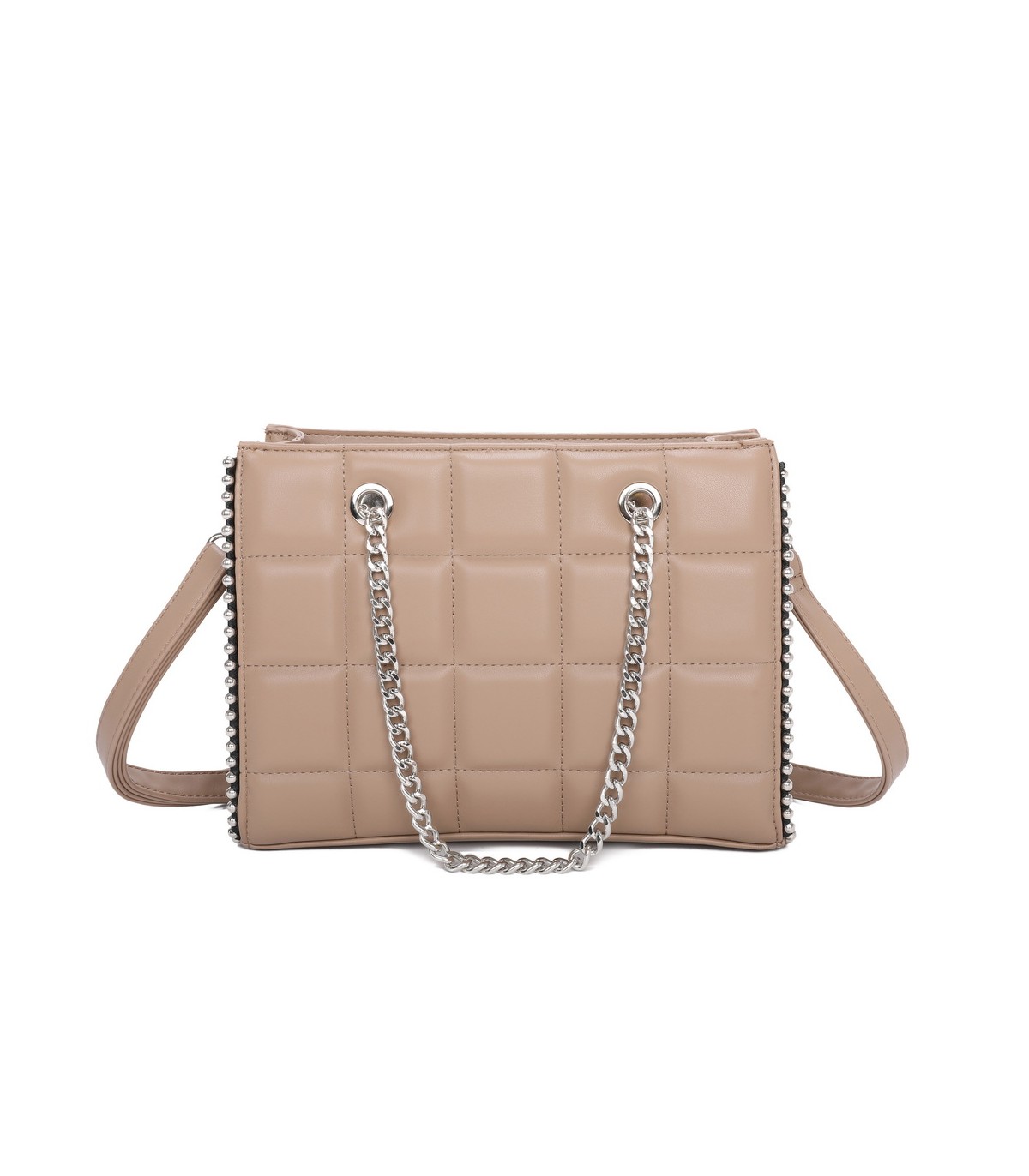 T11471 - Bolso rectangular de asa plateada y bandolera con textura de cuadros