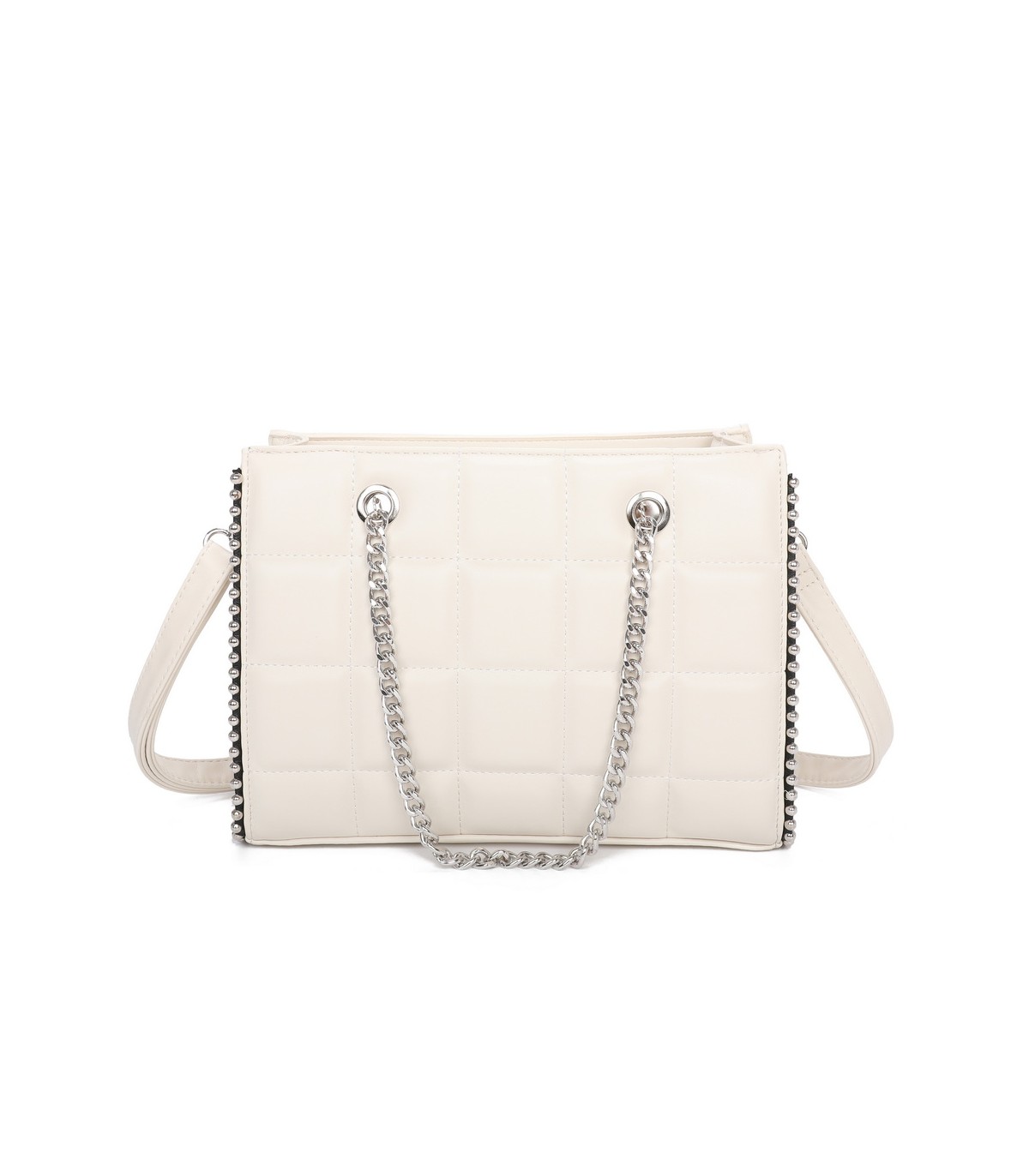 T11471 - Bolso rectangular de asa plateada y bandolera con textura de cuadros