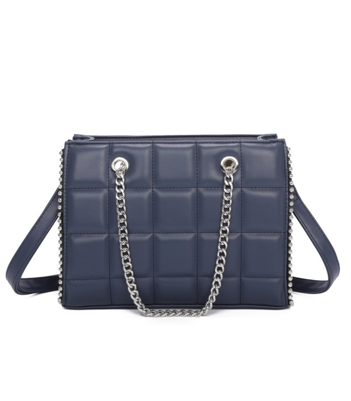 T11471 - Bolso rectangular de asa plateada y bandolera con textura de cuadros