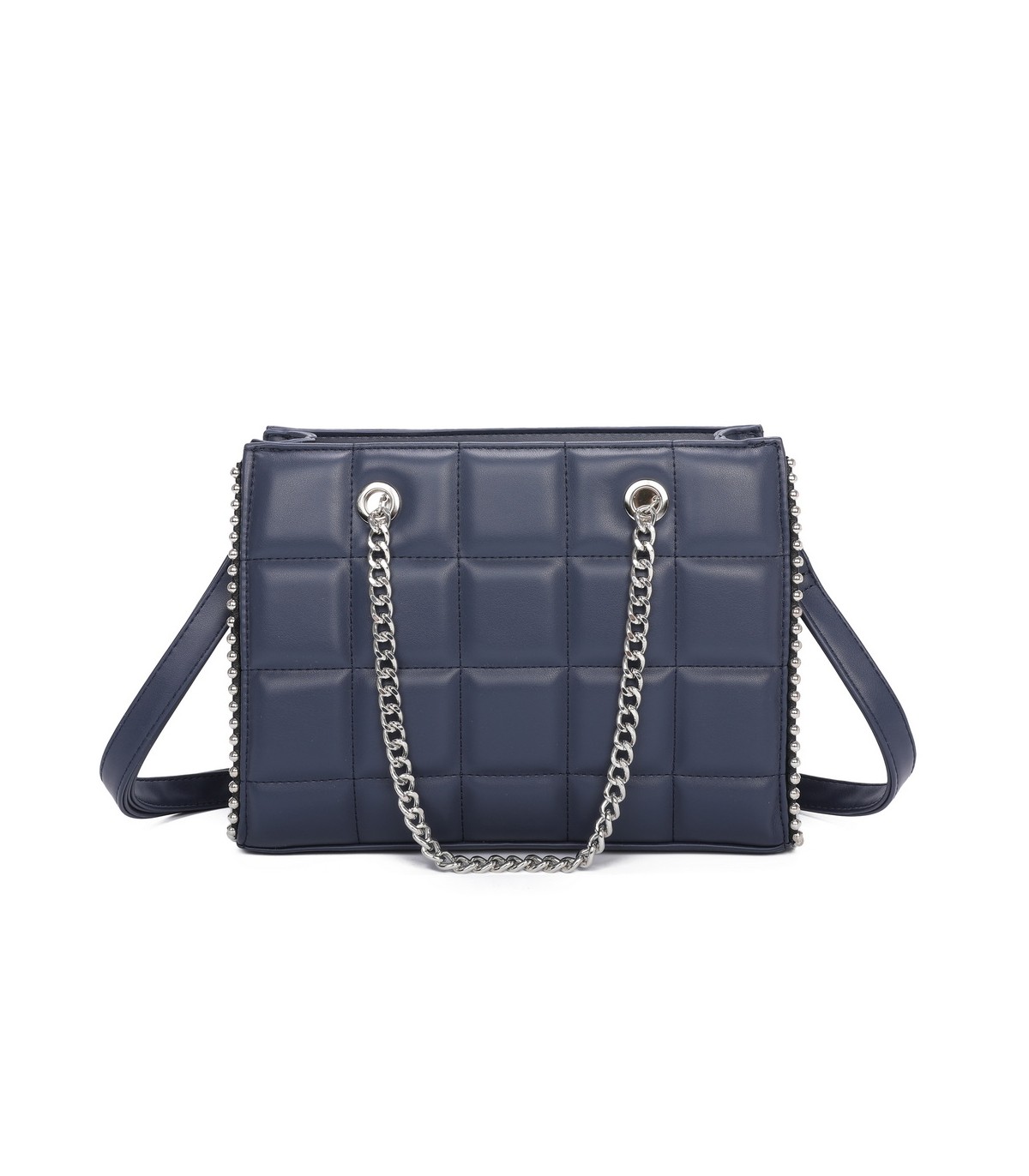 T11471 - Bolso rectangular de asa plateada y bandolera con textura de cuadros