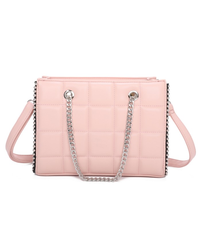 T11471 - Bolso rectangular de asa plateada y bandolera con textura de cuadros