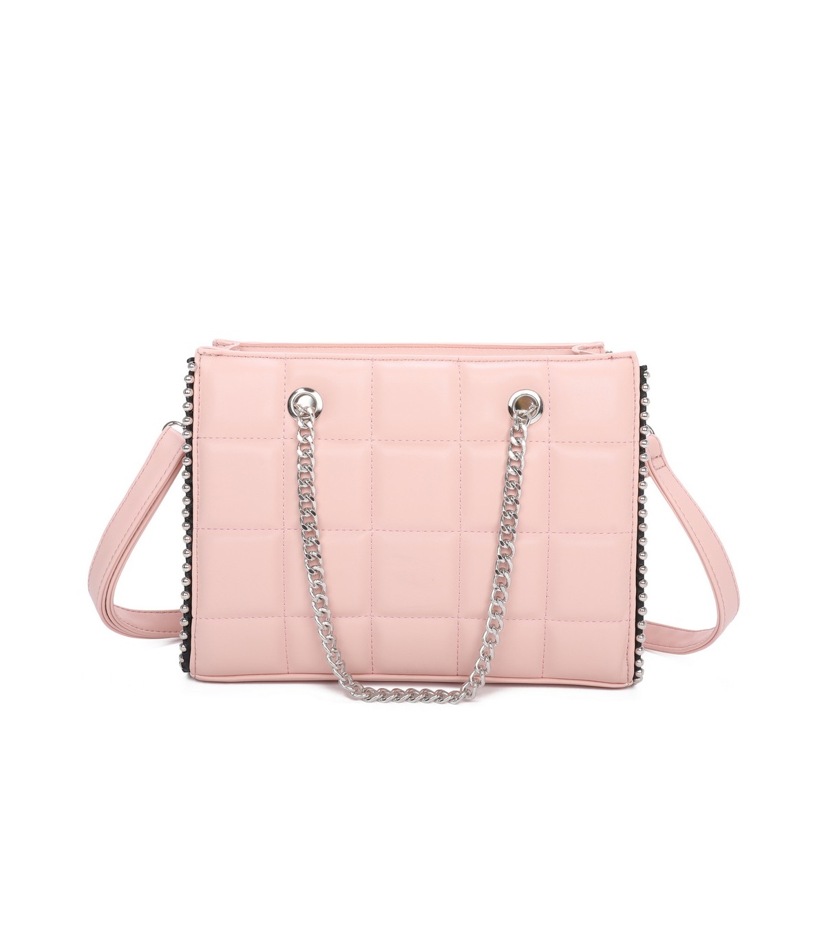 T11471 - Bolso rectangular de asa plateada y bandolera con textura de cuadros