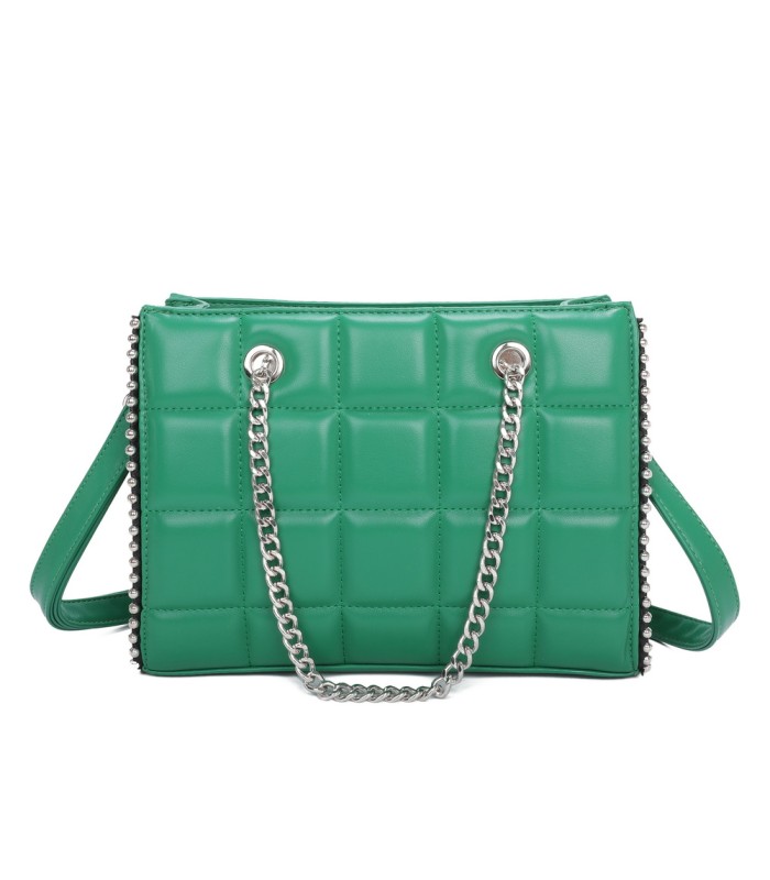 T11471 - Bolso rectangular de asa plateada y bandolera con textura de cuadros
