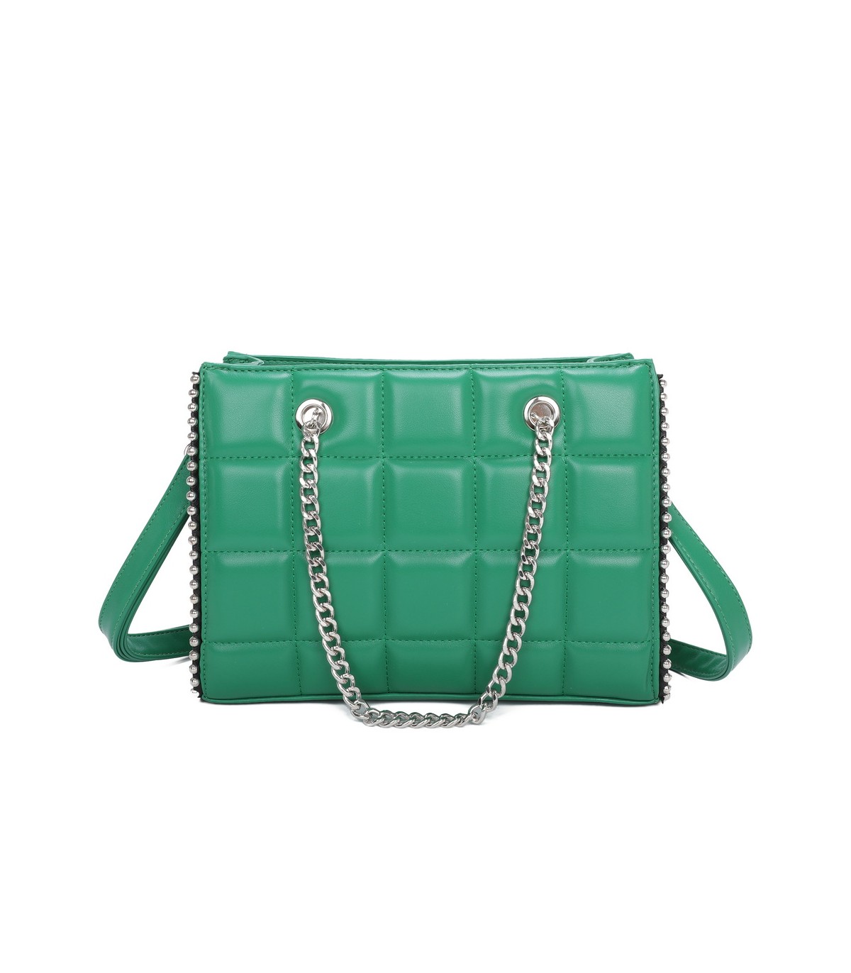 T11471 - Bolso rectangular de asa plateada y bandolera con textura de cuadros