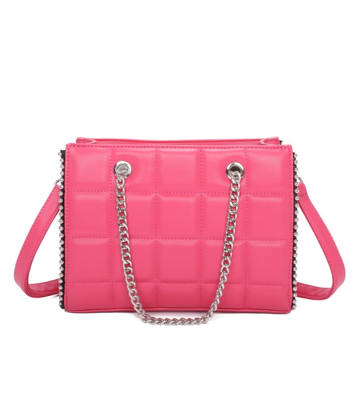 T11471 - Bolso rectangular de asa plateada y bandolera con textura de cuadros
