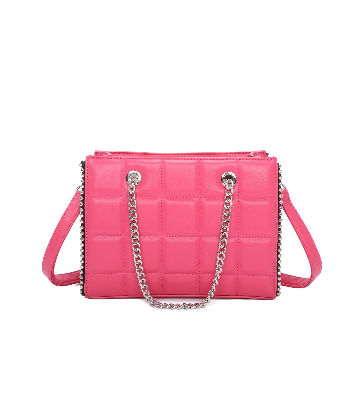 T11471 - Bolso rectangular de asa plateada y bandolera con textura de cuadros