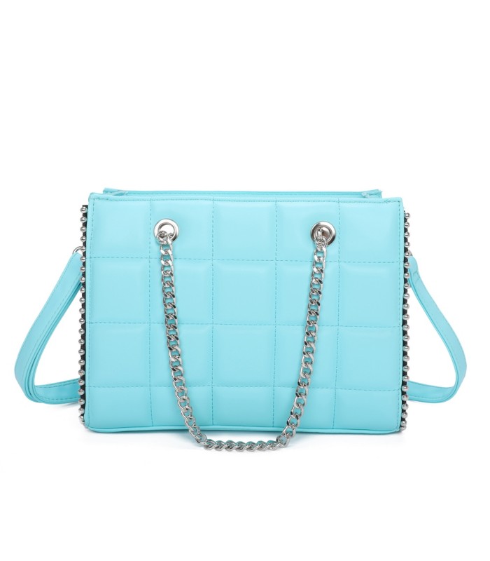 T11471 - Bolso rectangular de asa plateada y bandolera con textura de cuadros