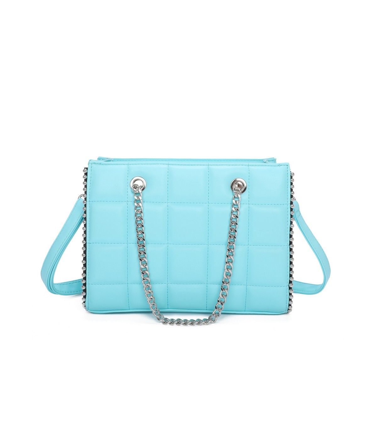 T11471 - Bolso rectangular de asa plateada y bandolera con textura de cuadros