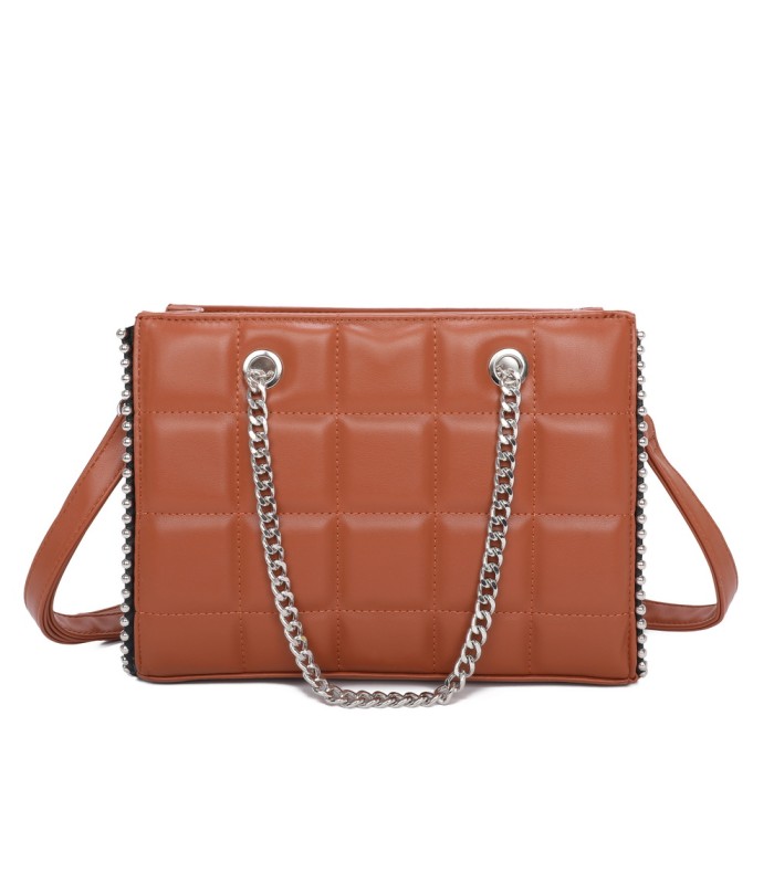 T11471 - Bolso rectangular de asa plateada y bandolera con textura de cuadros
