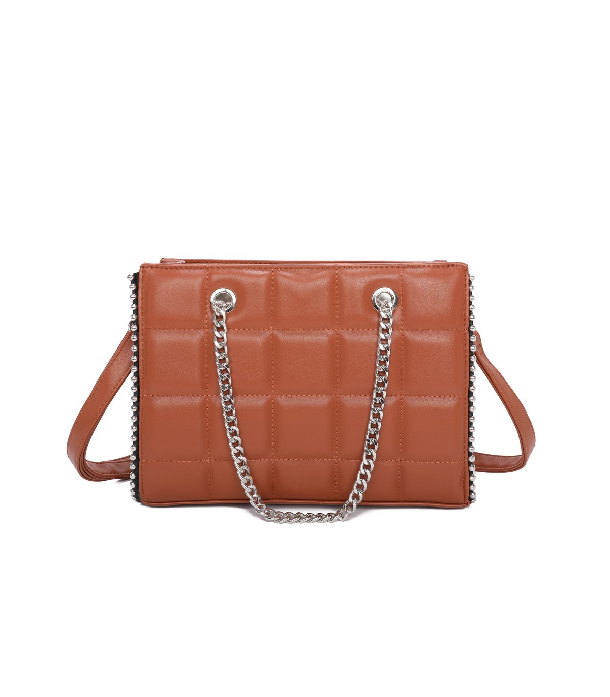 T11471 - Bolso rectangular de asa plateada y bandolera con textura de cuadros