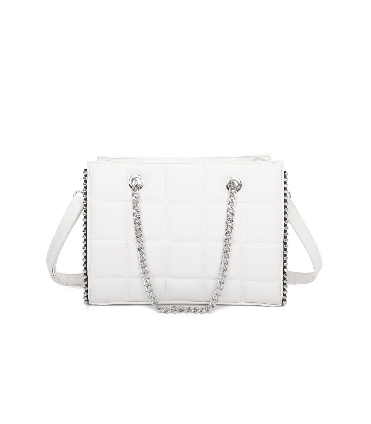 T11471 - Bolso rectangular de asa plateada y bandolera con textura de cuadros