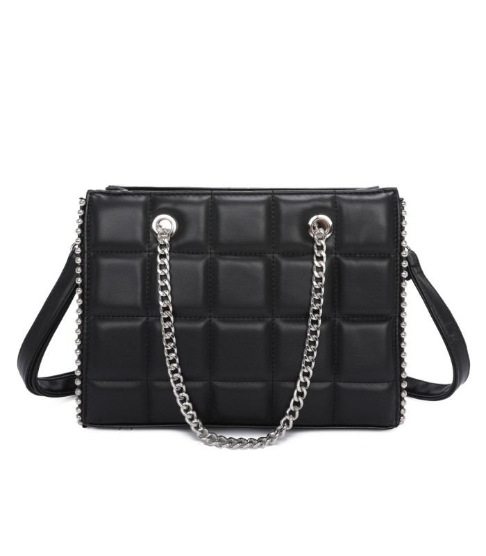 T11471 - Bolso rectangular de asa plateada y bandolera con textura de cuadros