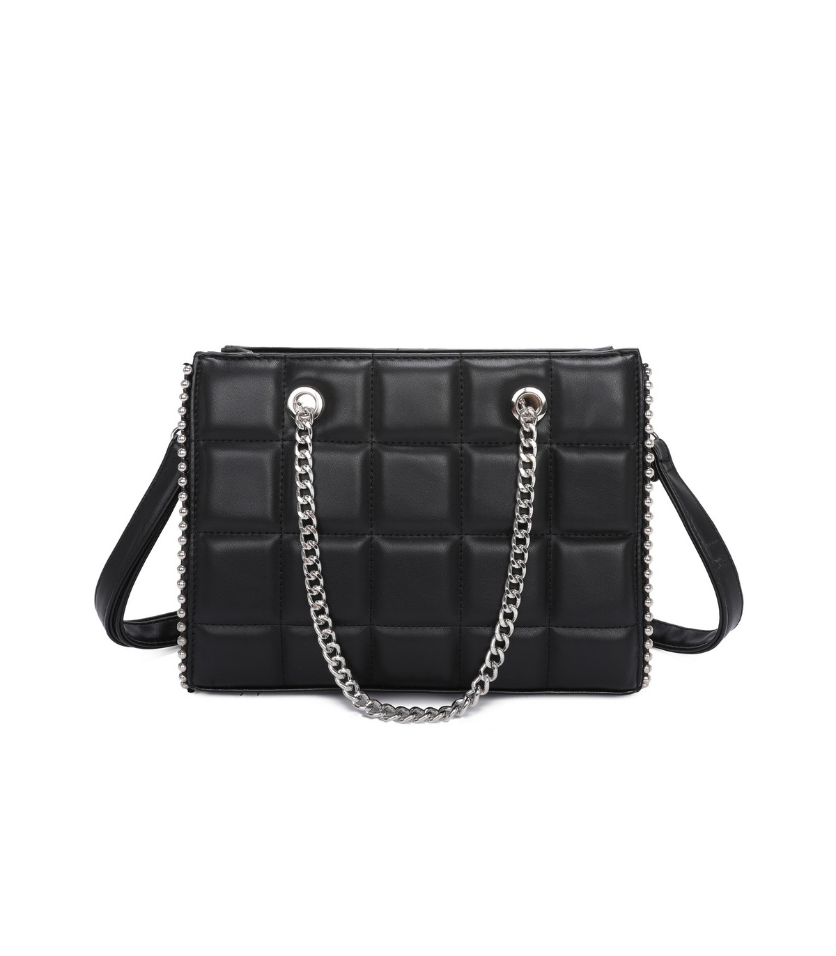 T11471 - Bolso rectangular de asa plateada y bandolera con textura de cuadros