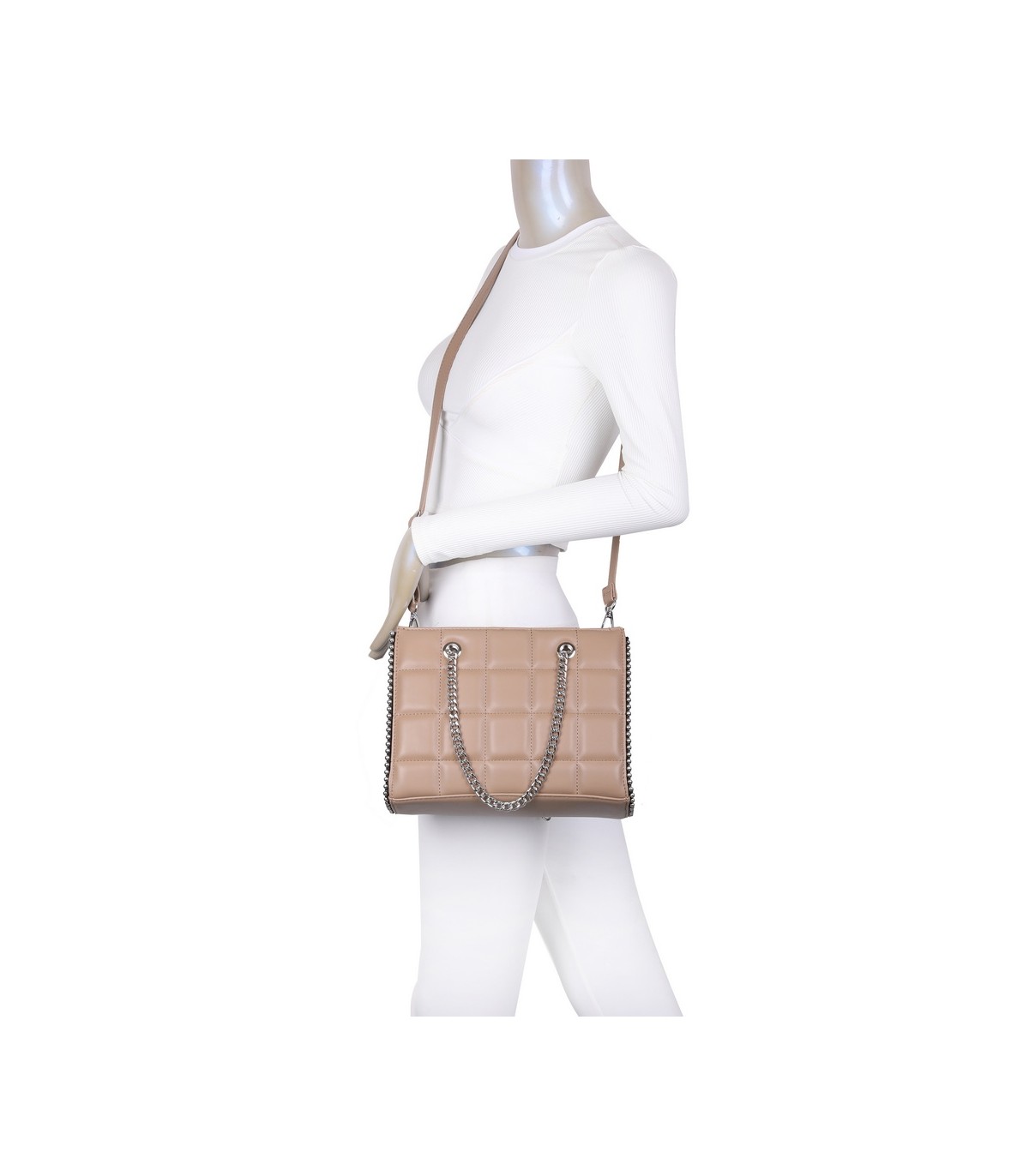 T11471 - Bolso rectangular de asa plateada y bandolera con textura de cuadros