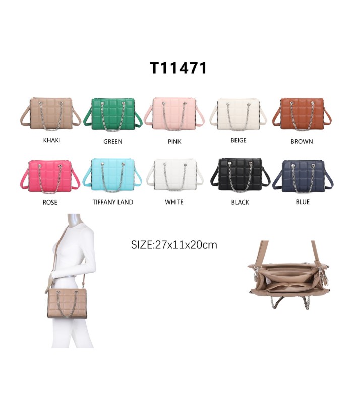 T11471 - Bolso rectangular de asa plateada y bandolera con textura de cuadros