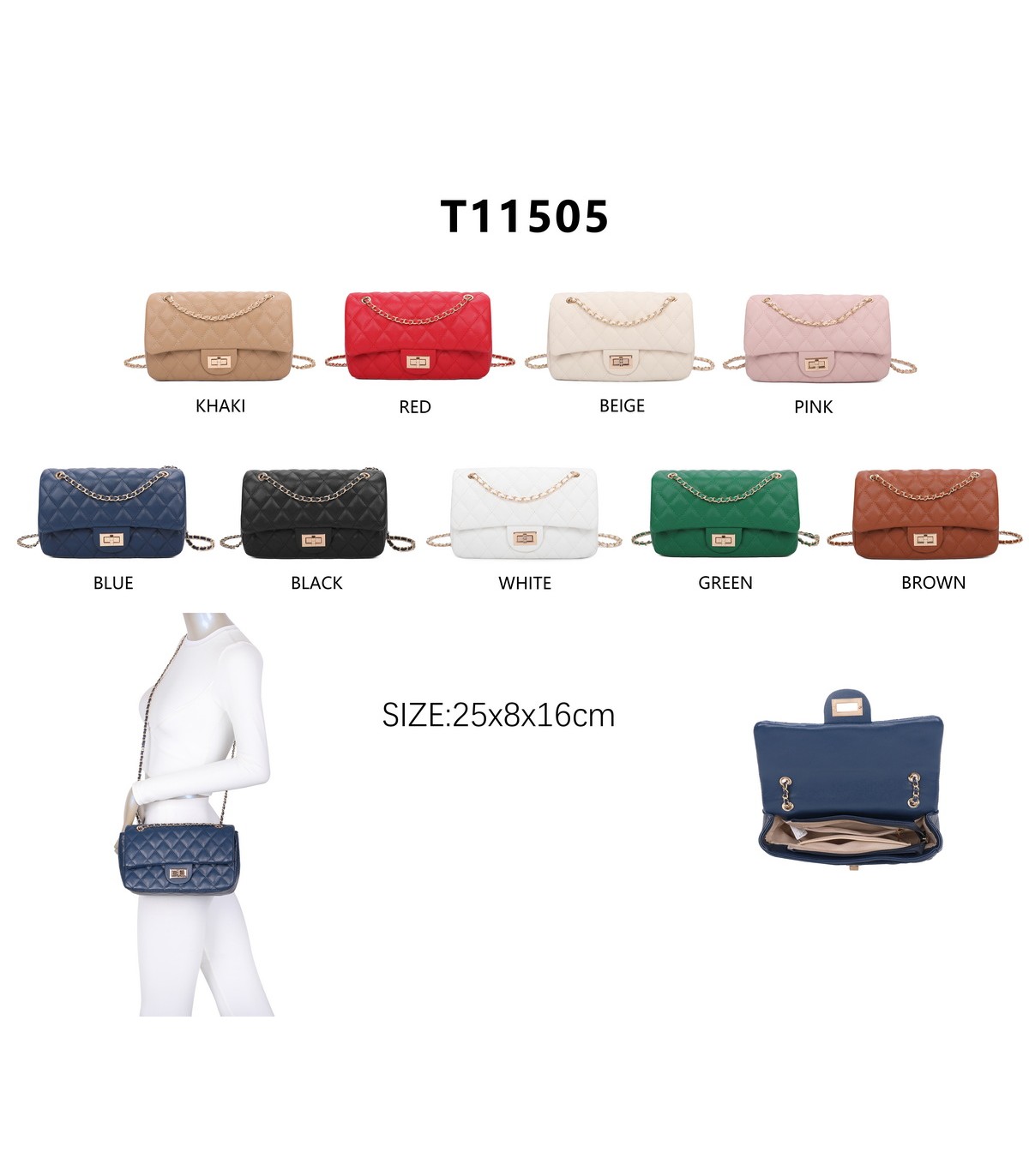 T11505 - Bolso rectangular con bandolera y asa de cadena cierre de pestillo