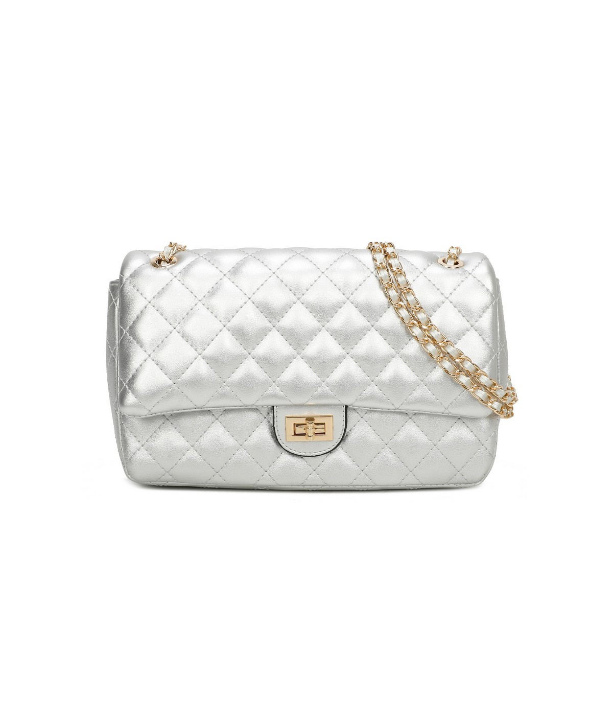 T11485 - Bolso bandolera y de hombro estilo baguette con cierre de pestillo y cadena dorada