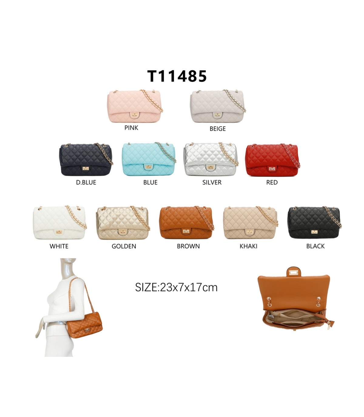 T11485 - Bolso bandolera y de hombro estilo baguette con cierre de pestillo y cadena dorada