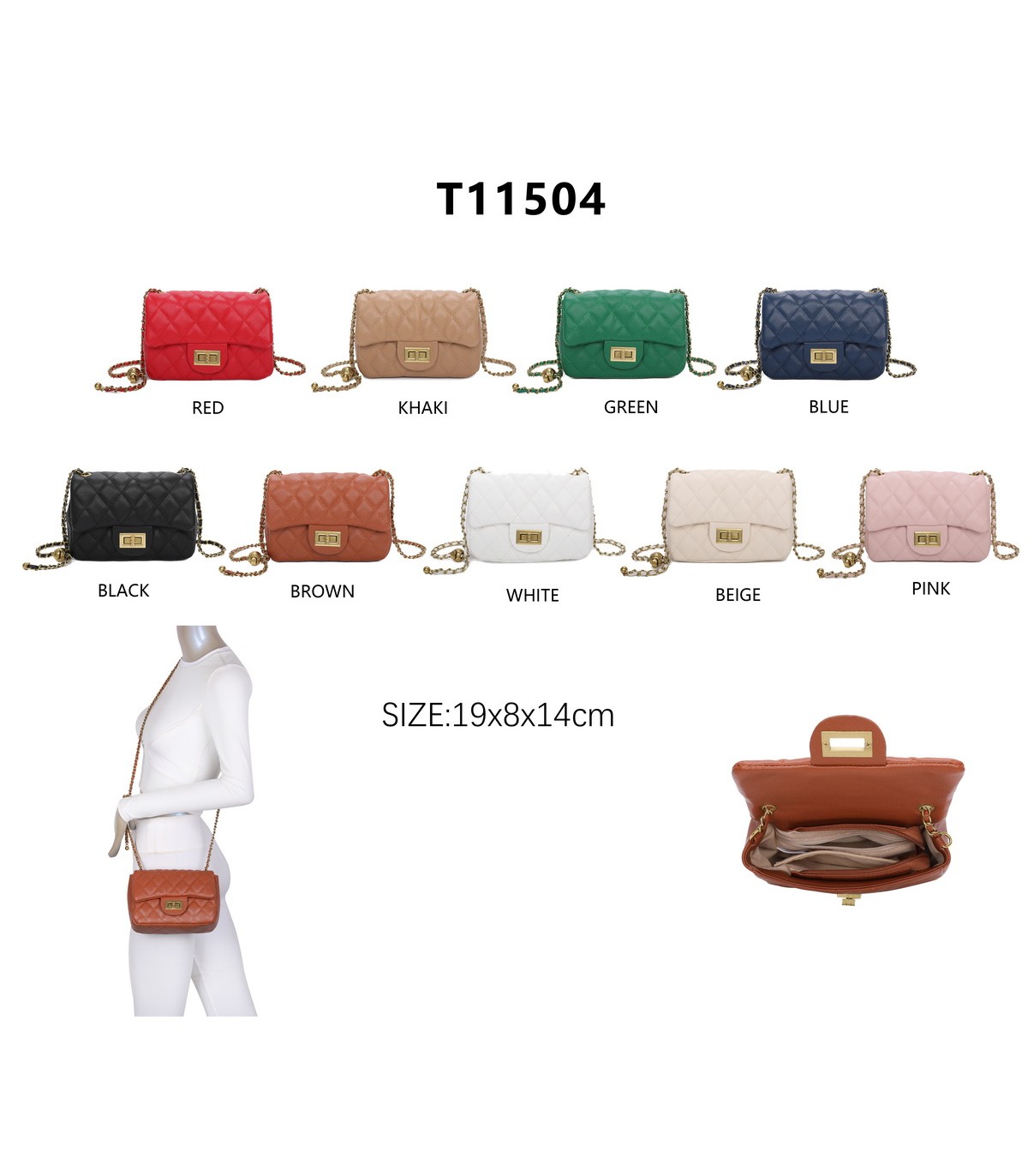 T11504 - Bolso bandolera con cadena dorada y cierre de pestillo