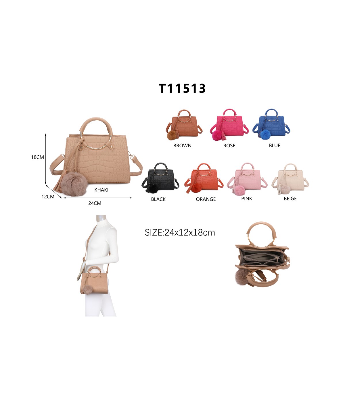 T11513 - Bolso bandolera con asas de metal redondas y borla a juego