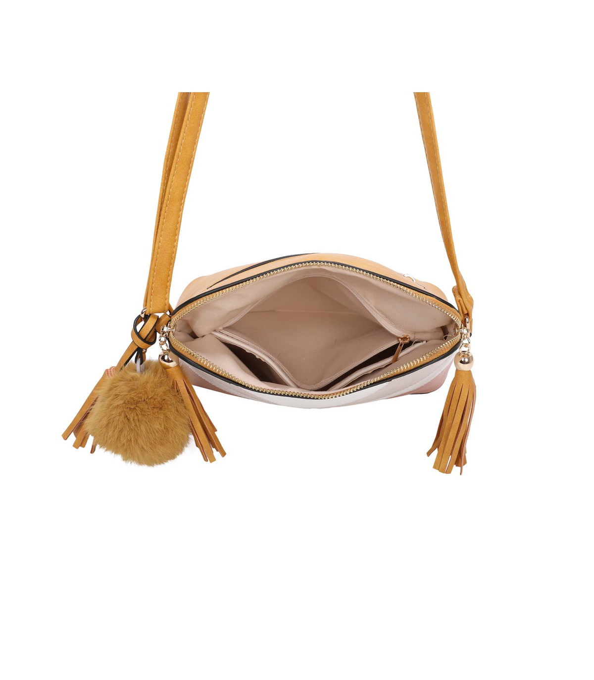 T10351 - Bolso bandolera con dos borlas y un pompón