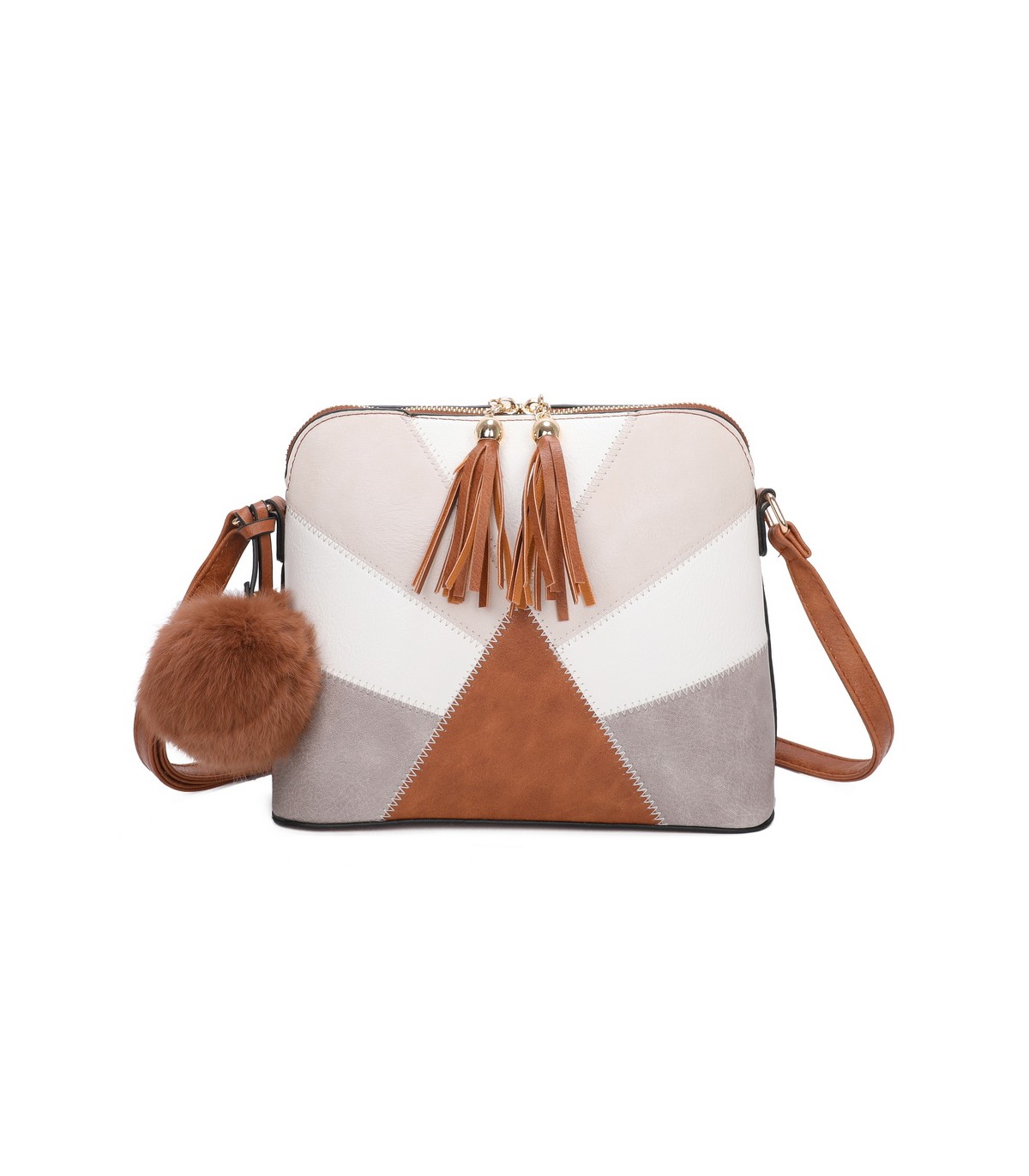 T10351 - Bolso bandolera con dos borlas y un pompón