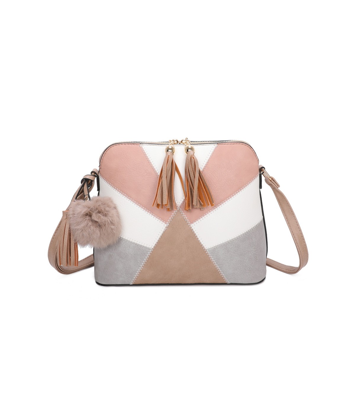 T10351 - Bolso bandolera con dos borlas y un pompón