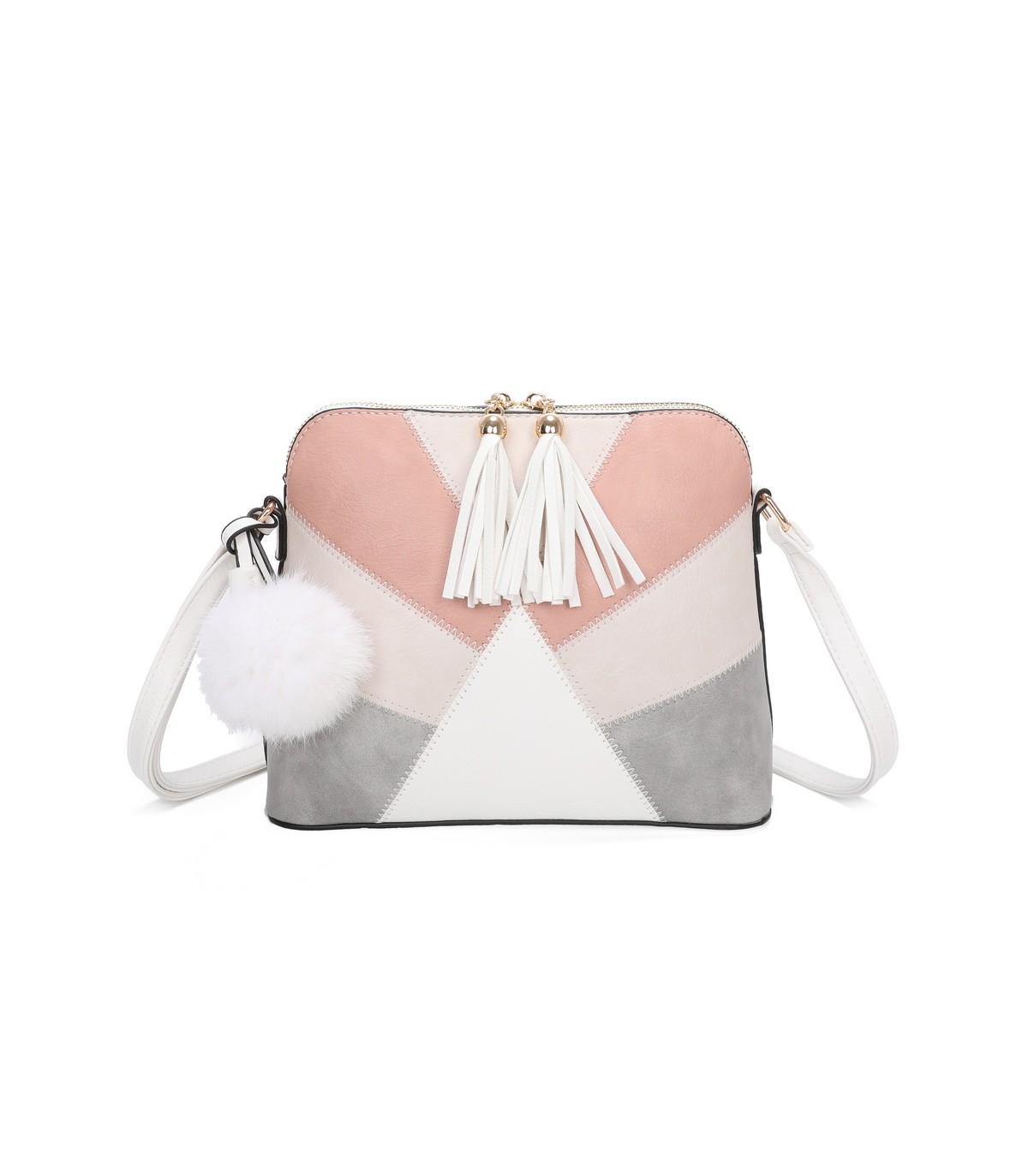 T10351 - Bolso bandolera con dos borlas y un pompón