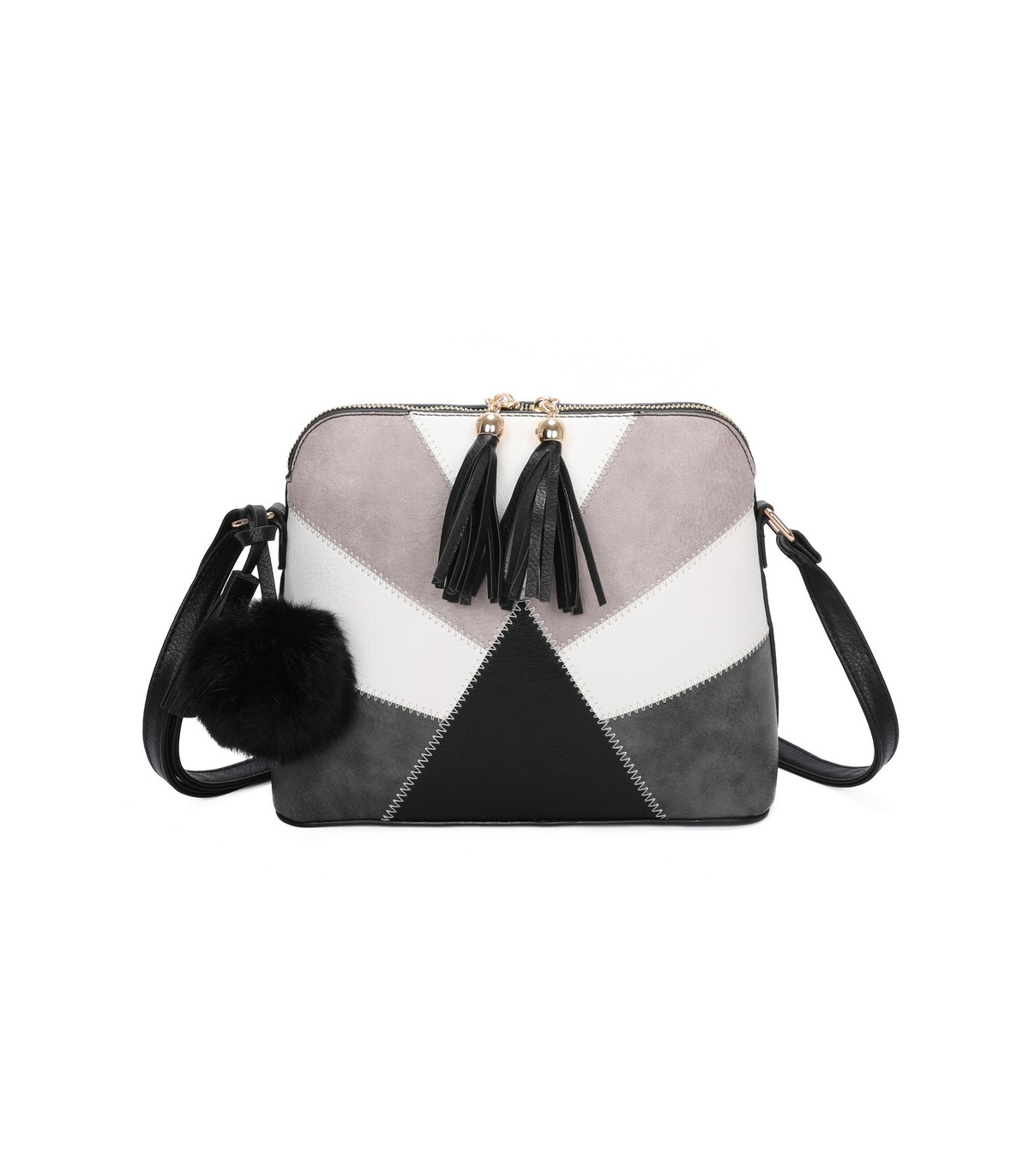 T10351 - Bolso bandolera con dos borlas y un pompón