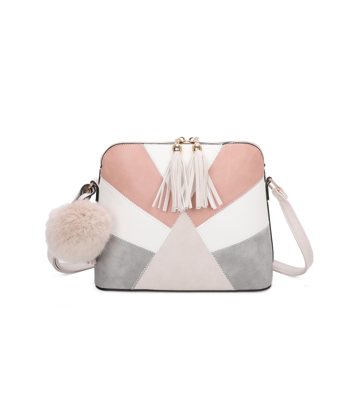 T10351 - Bolso bandolera con dos borlas y un pompón