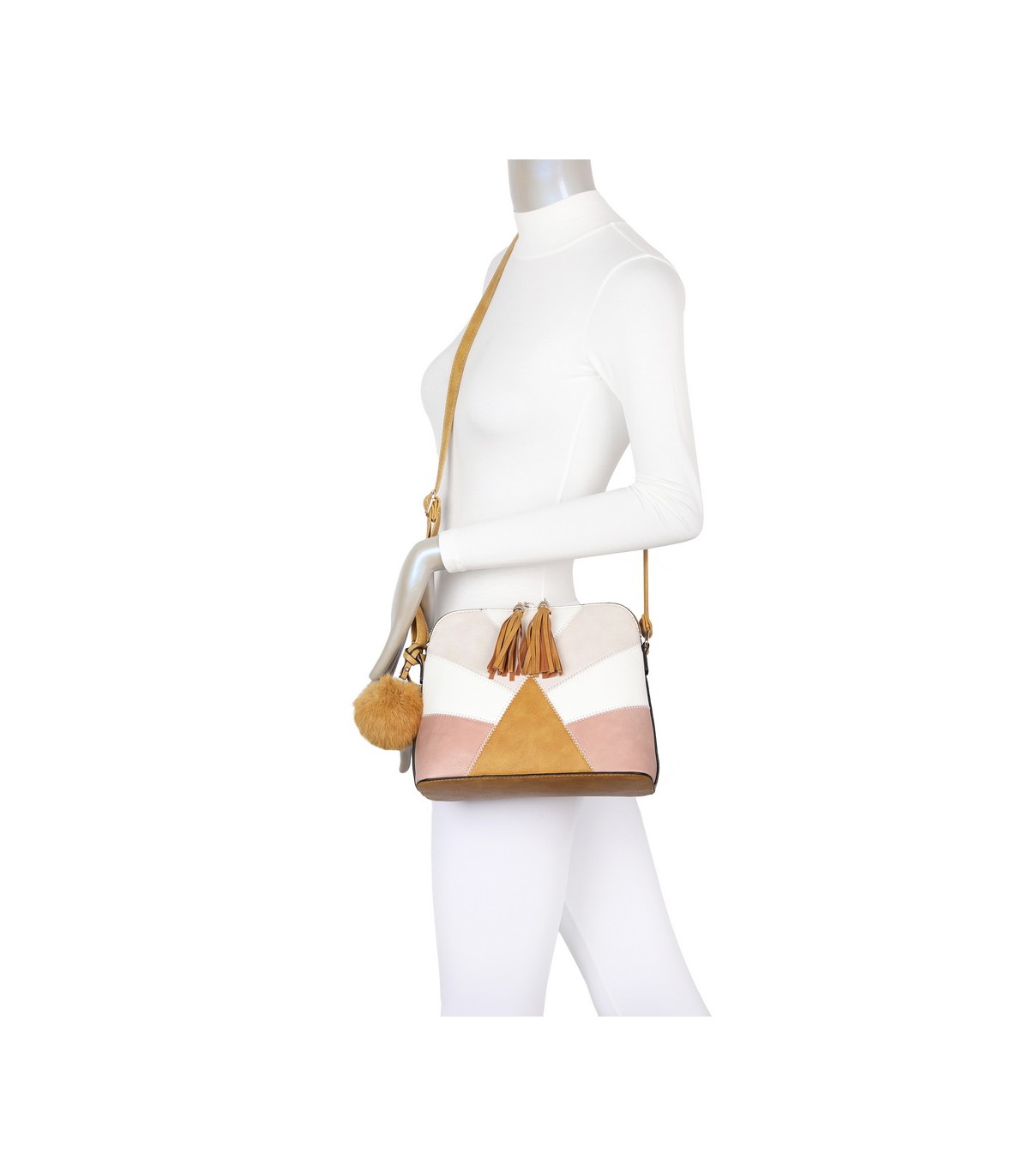 T10351 - Bolso bandolera con dos borlas y un pompón